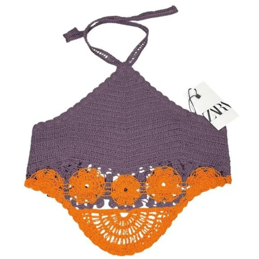Zara Crochet Boho Knit Halter Top Size Medium - Picture 4 of 6